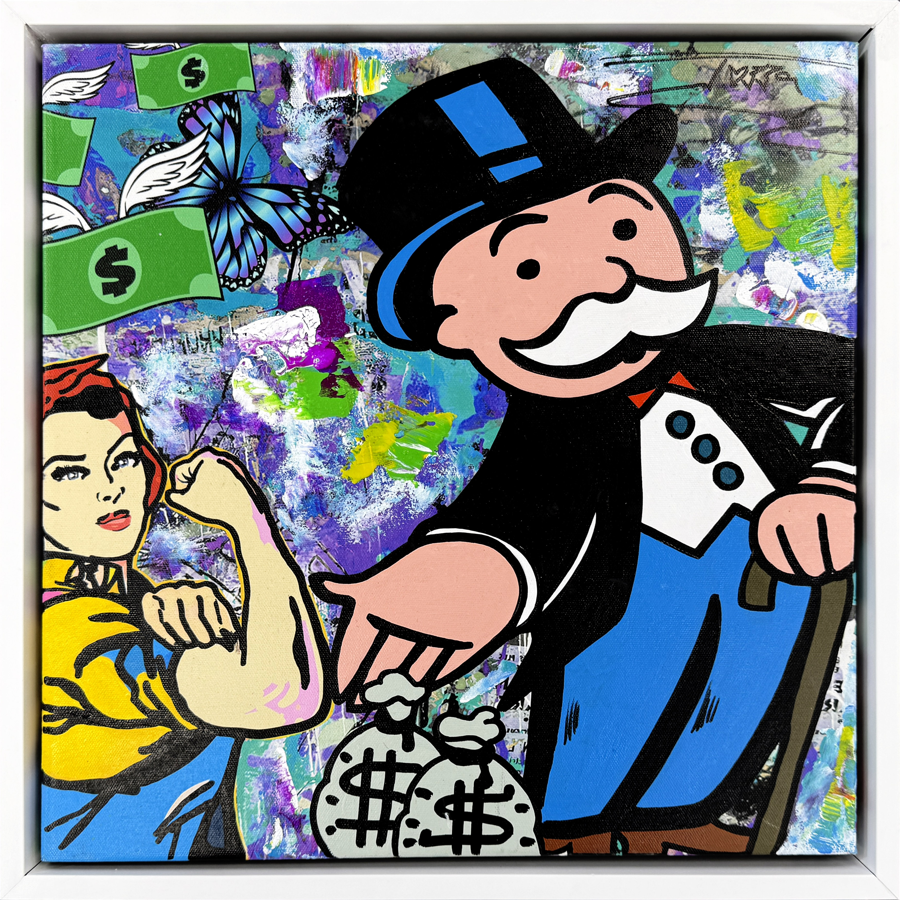 Money Bags (Monopoly), framed original painting by Jozza