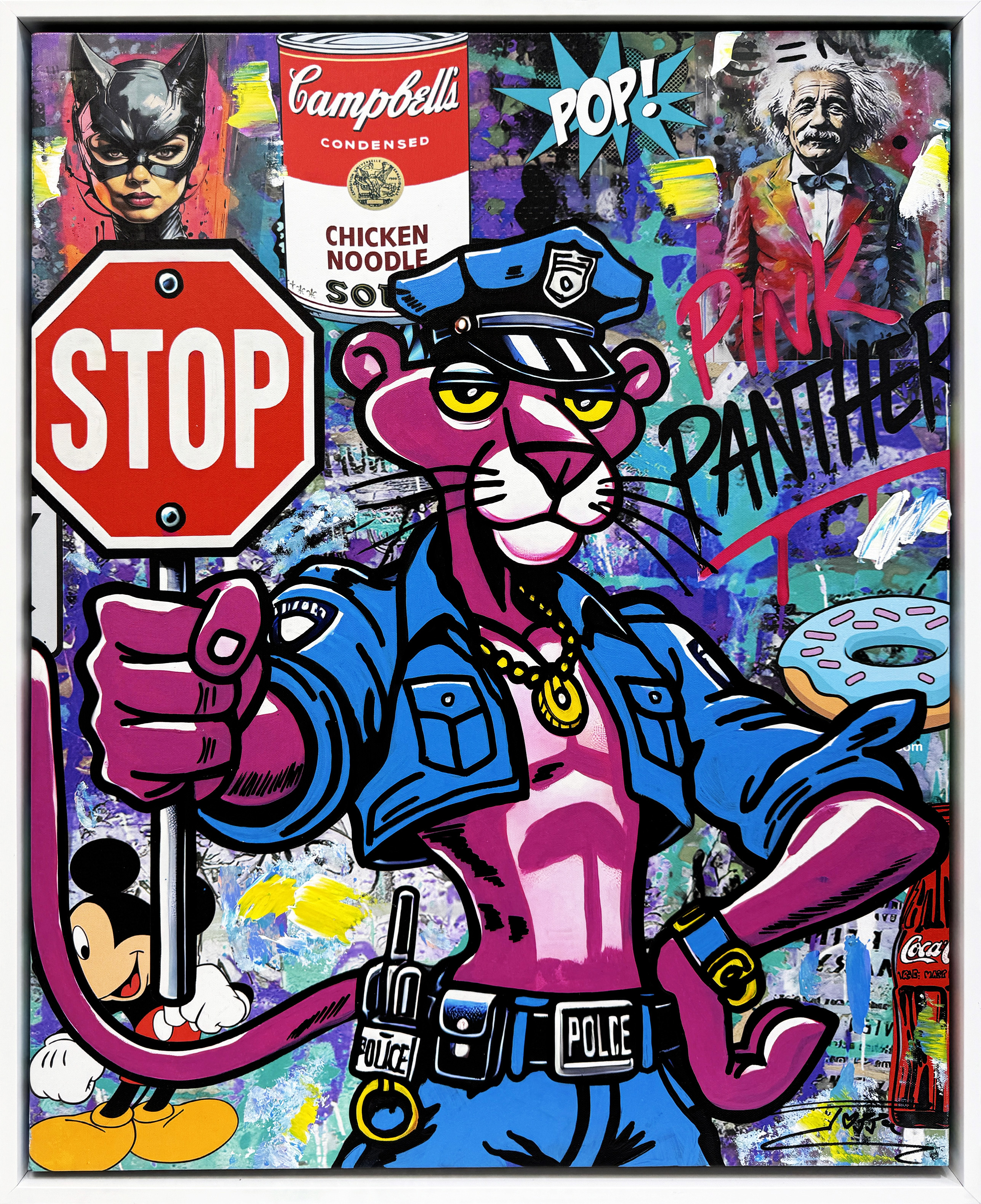 Pink Law (Pink Panther), original painting with custom painted frame by Jozza