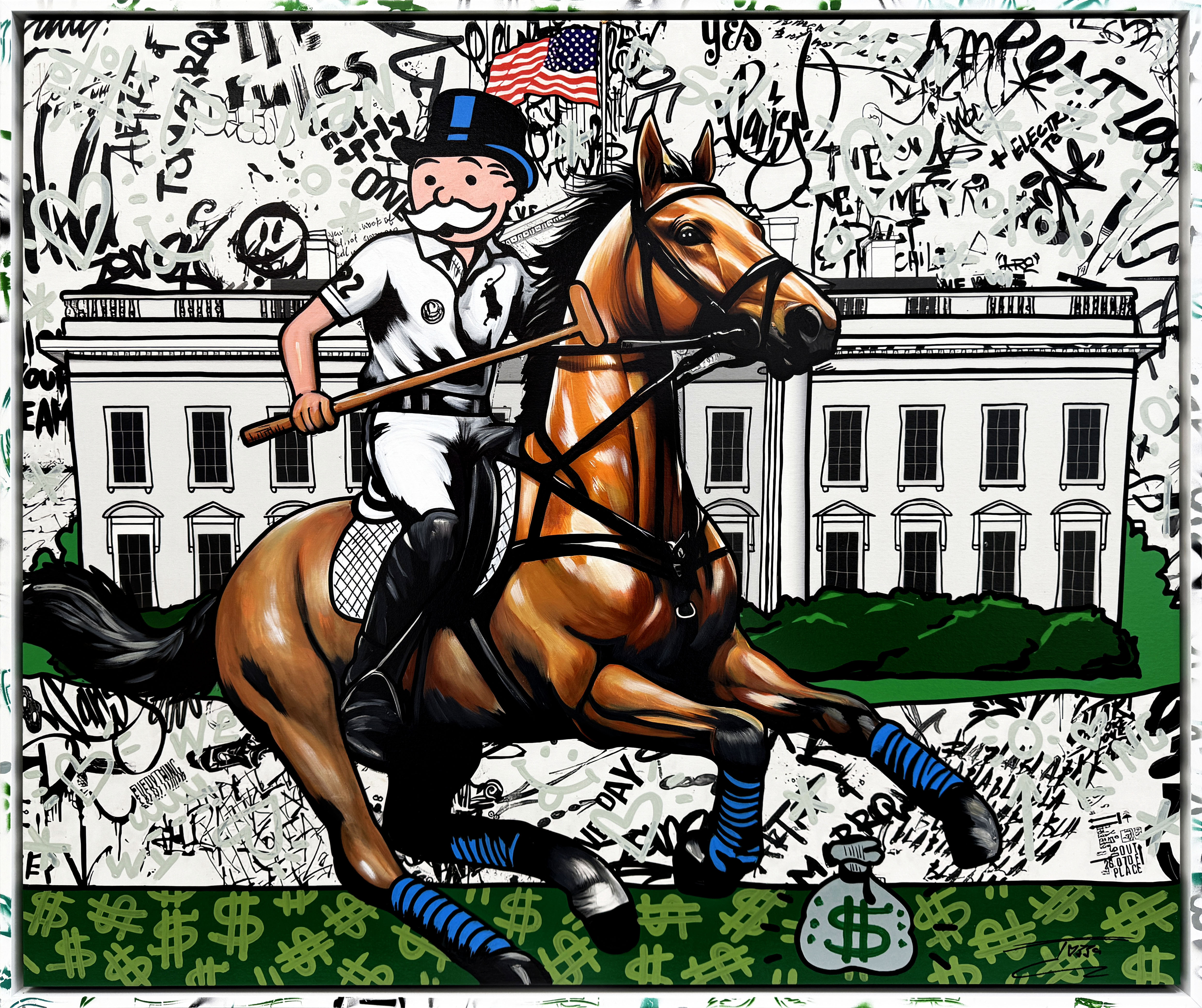 White House Polo (Monopoly), large original painting with custom painted frame by Jozza