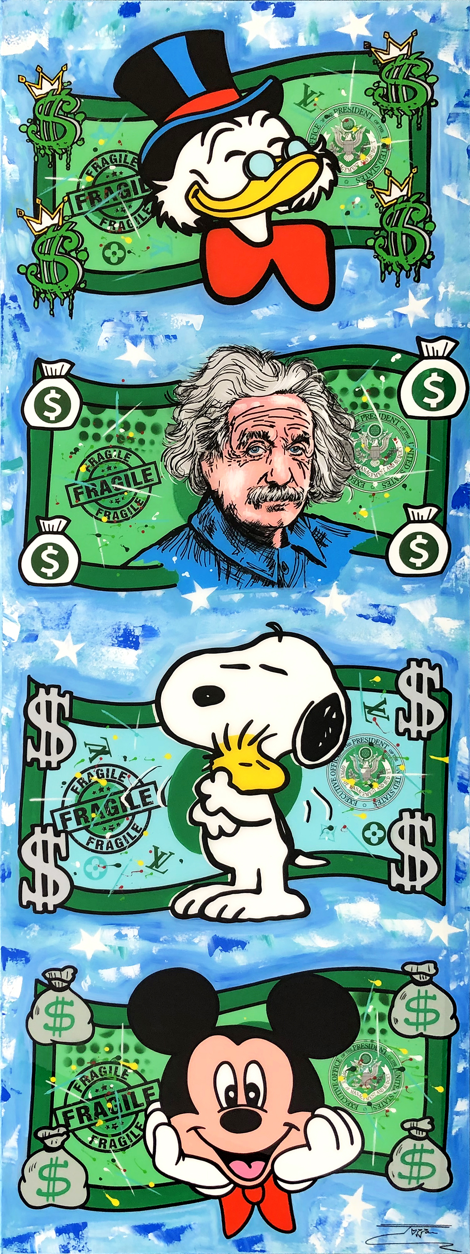 Cash Only II (Scrooge Einstein Snoopy Mickey), large original painting by Jozza