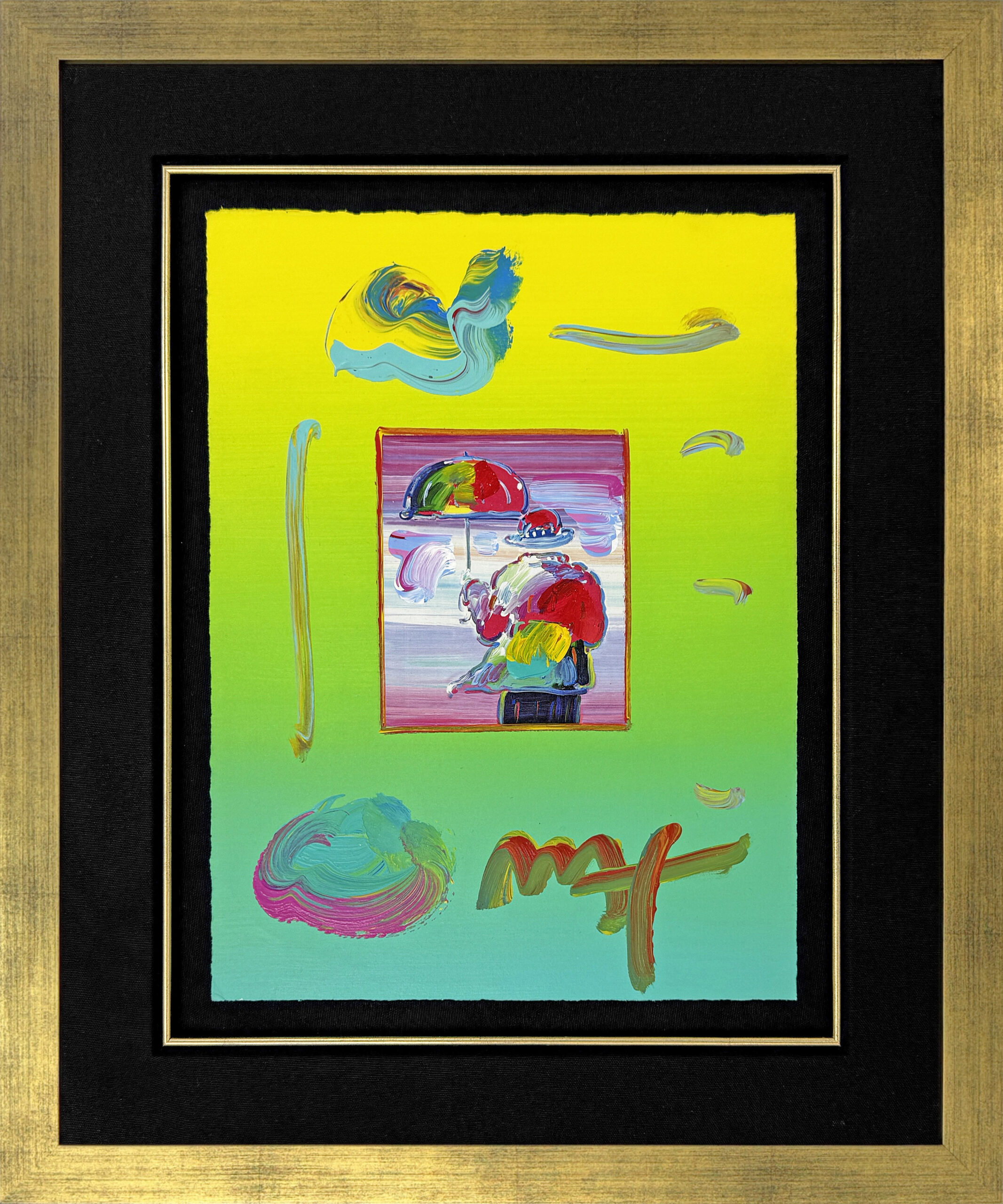 Umbrella Man (framed unique mixed media on paper) by Peter Max