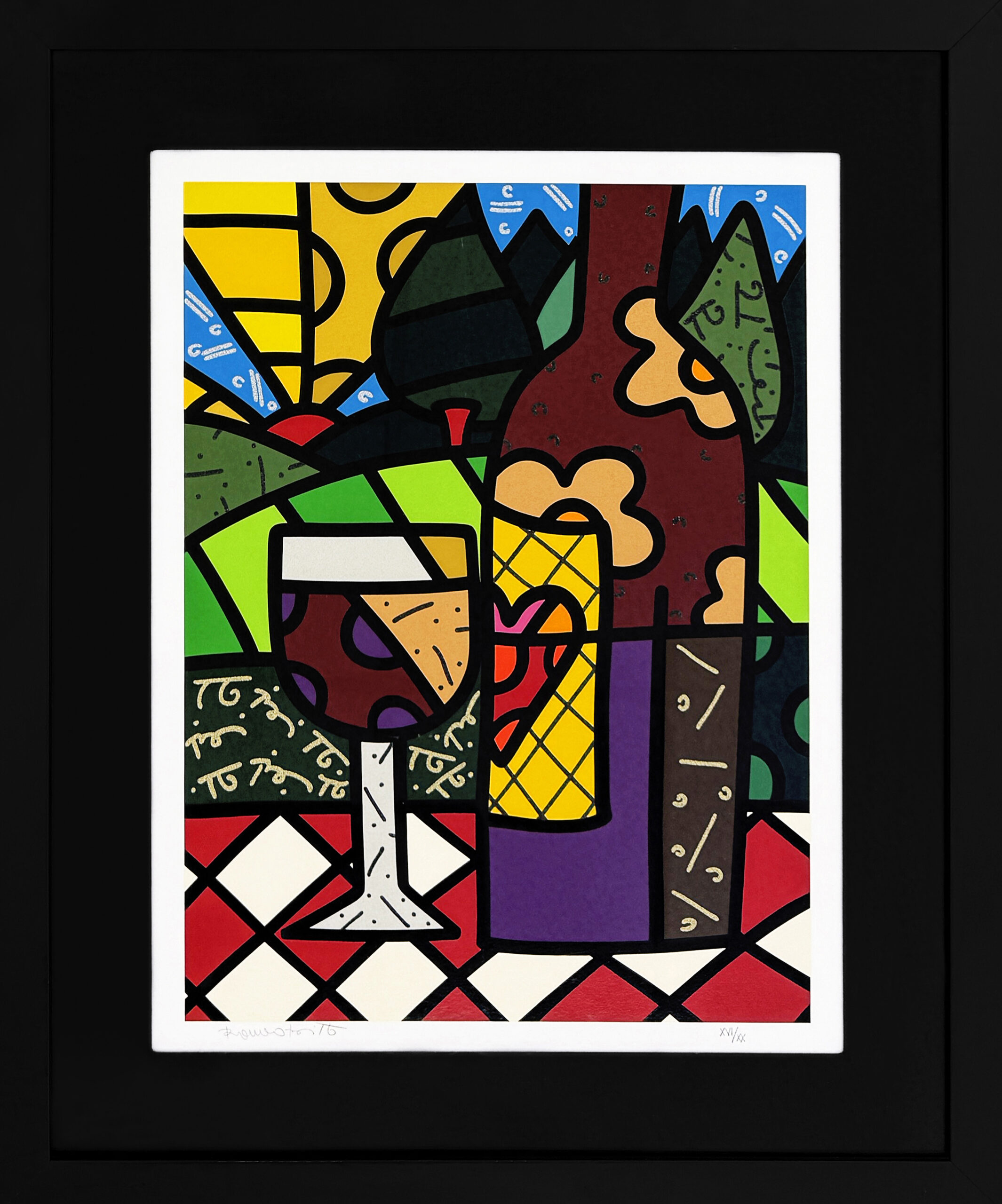 Red Wine (framed hand signed embellished screen print) by Romero Britto