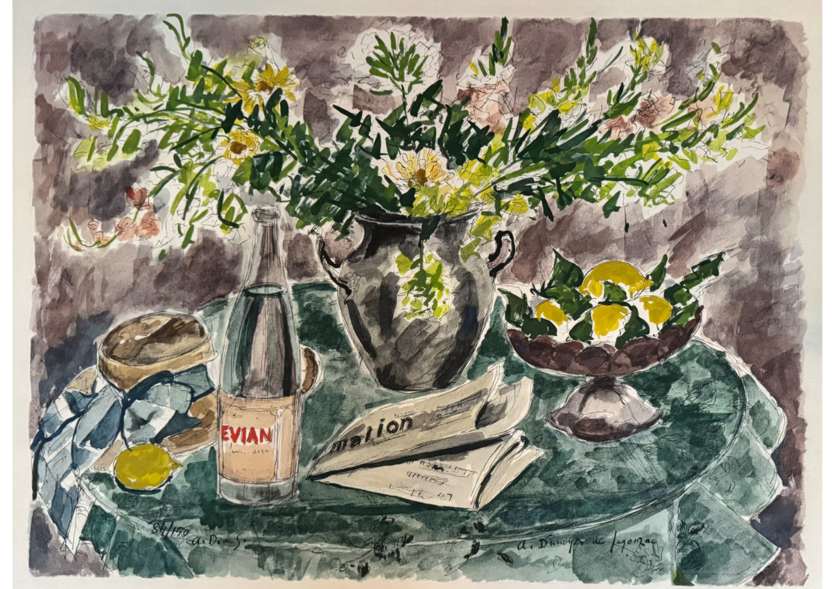 Vase de fleurs, bouteille et citrons sur la table by André Dunoyer de Segonzac