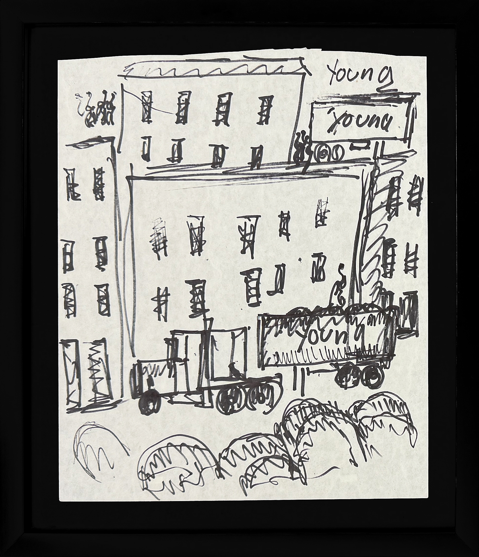 Young on the Block (framed original drawing on paper) by Purvis Young