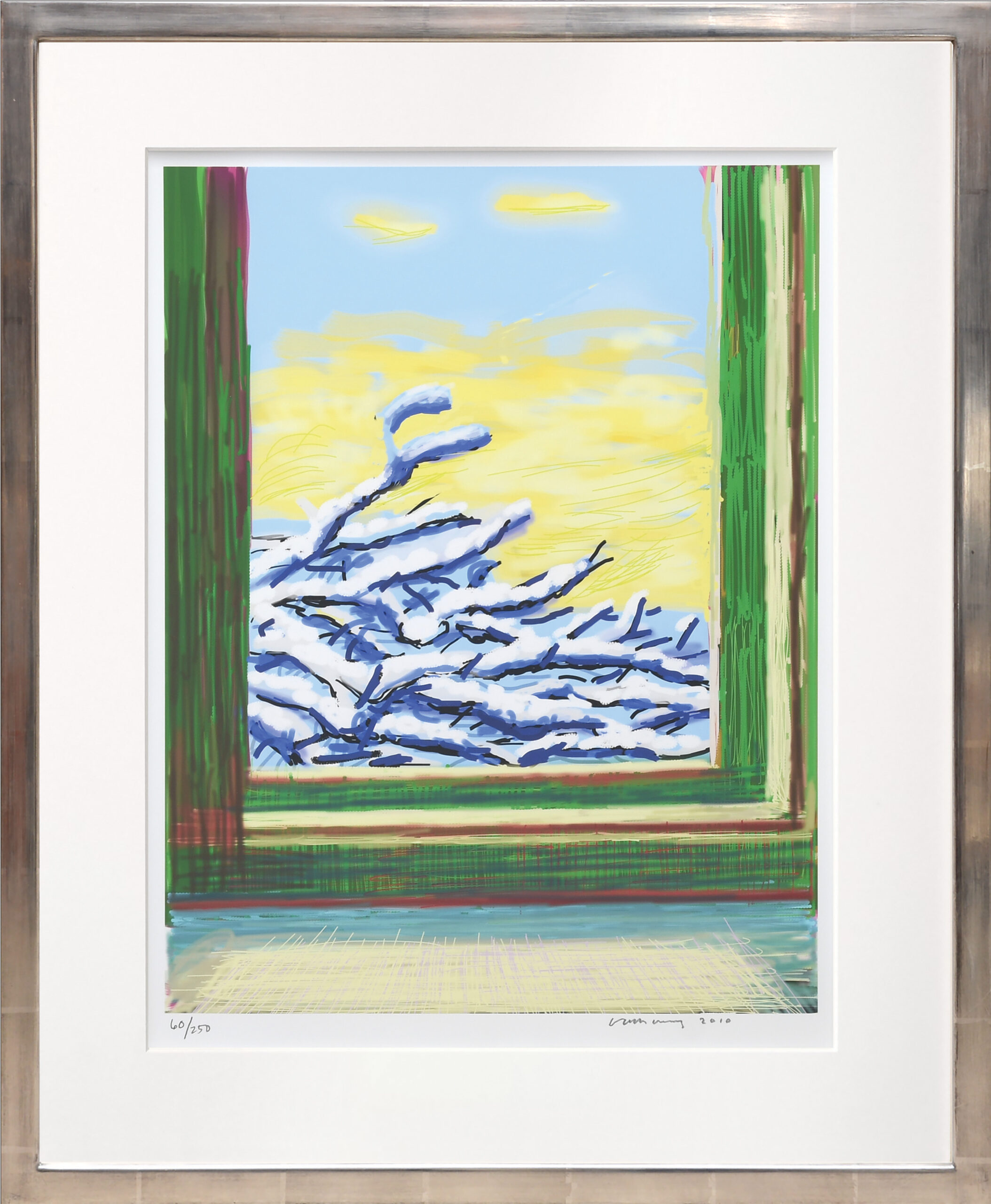 My Window with iPad drawing No. 610, 23rd December 2010. [Snow Covered Boughs] ink-jet print. by David Hockney