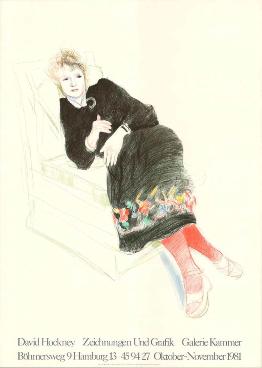 Portrait of Celia In A Black Dress With Colored Border by David Hockney