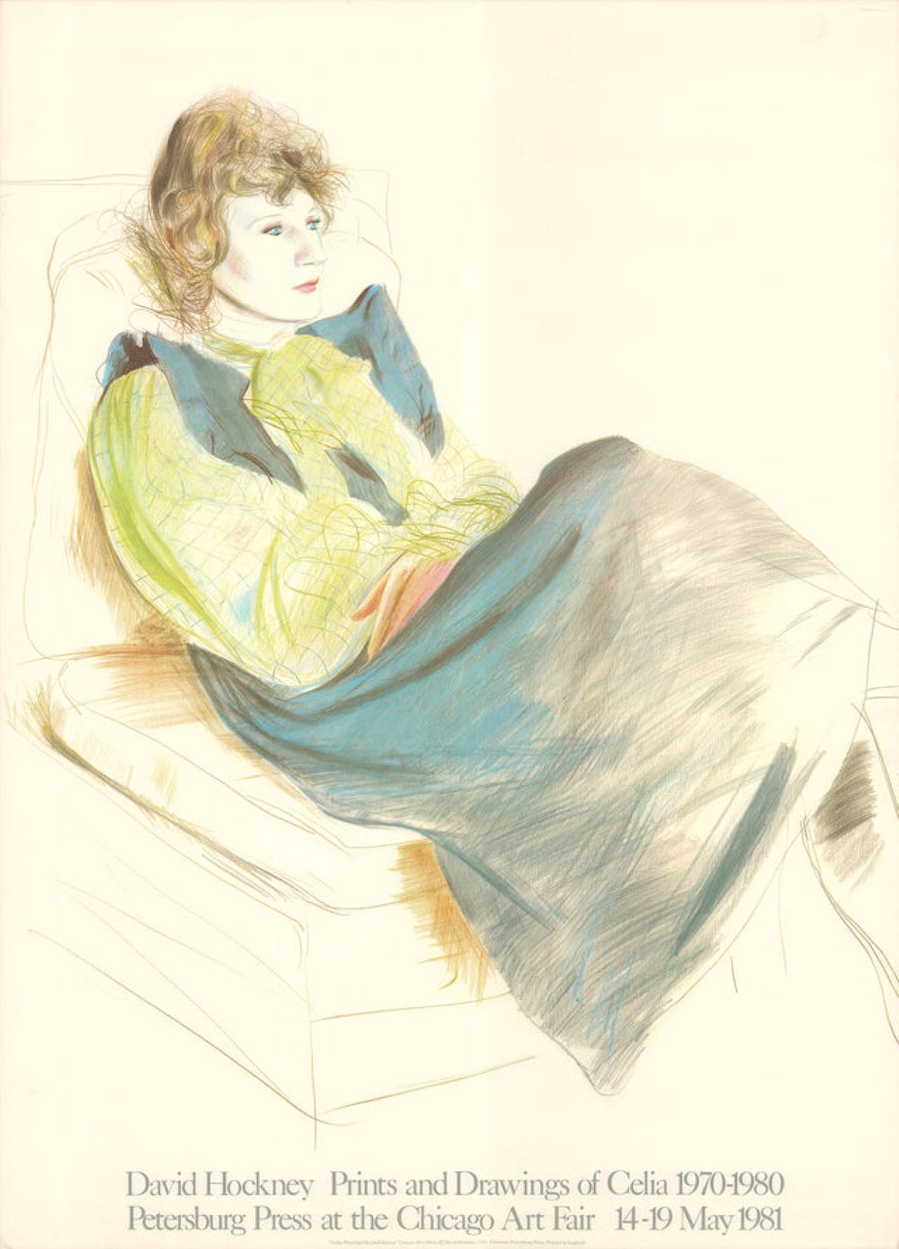 Portrait of Celia Wearing Checkered Sleeves by David Hockney
