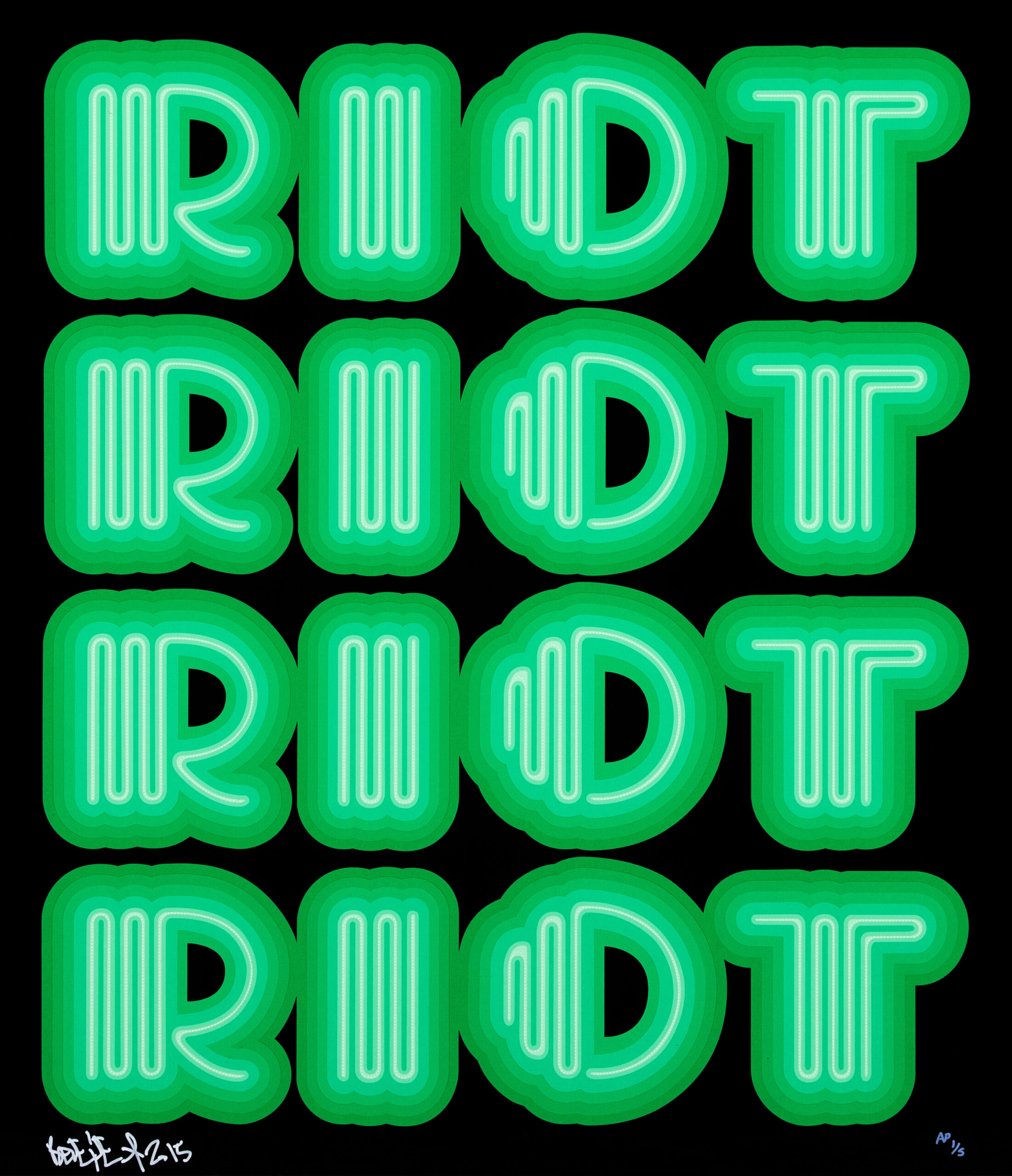 RIOT (Green), rare large hand signed screen print by Ben Eine