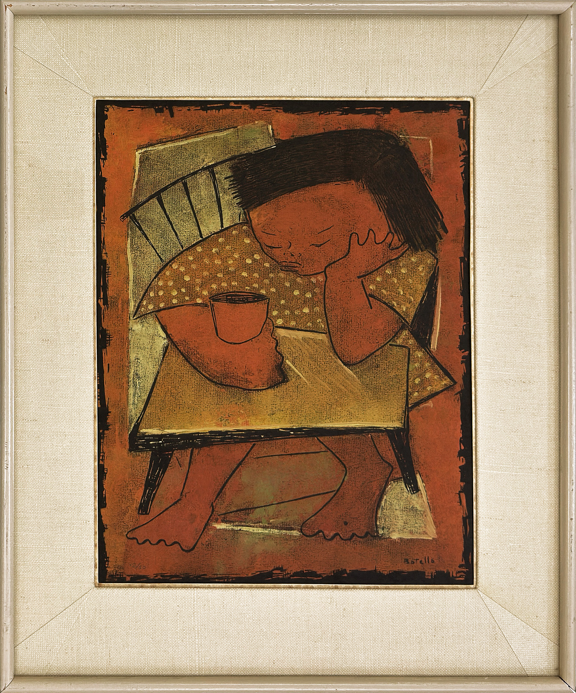 Nino con una Taza (rare signed, limited edition linocut) by Angel Botello
