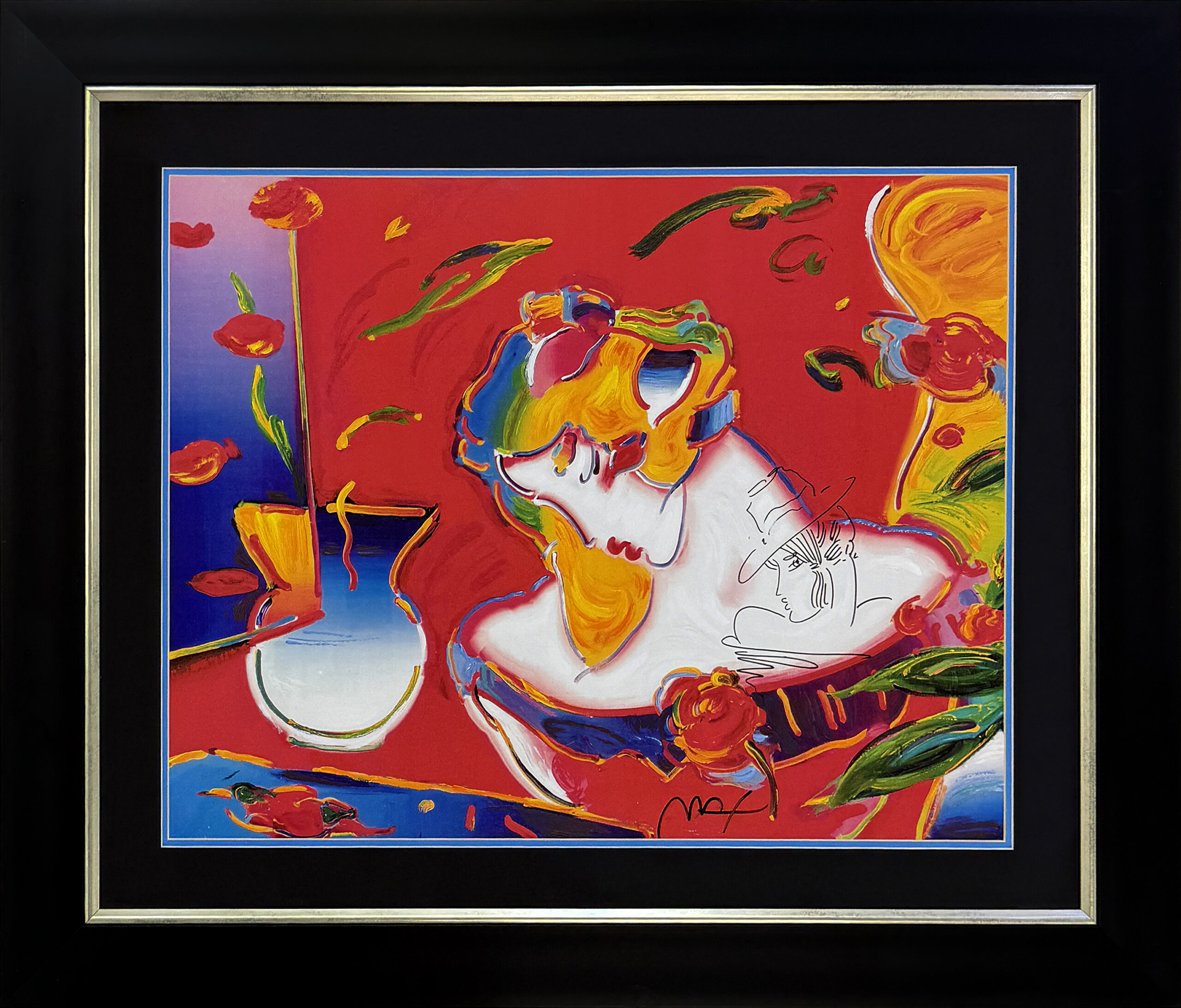 Flower Blossom Lady (framed unique mixed media on paper) by Peter Max