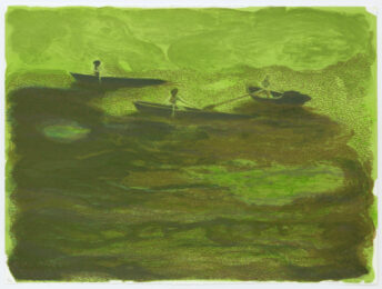 Three Boats on a Green Green Sea by May Stevens at Mary Ryan Gallery