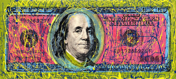 One Hundred Dollar Bill (stretched hand signed embellished canvas) by Steve Kaufman at GallArt.com