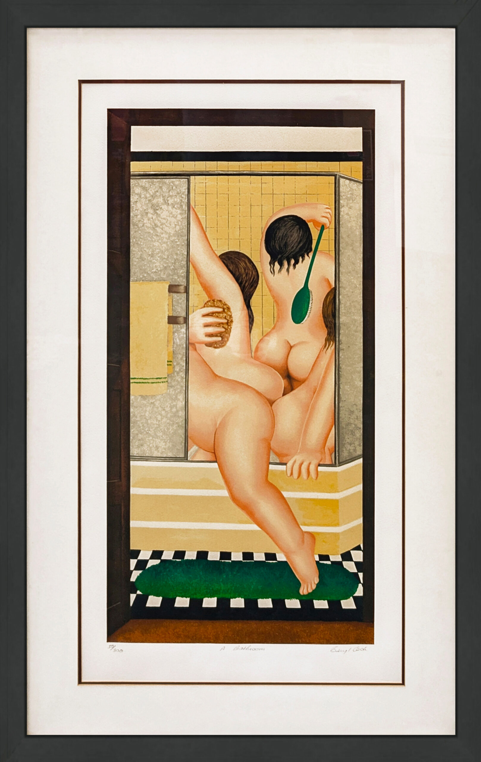 A Bathroom (framed, hand signed serigraph) by Beryl Cook