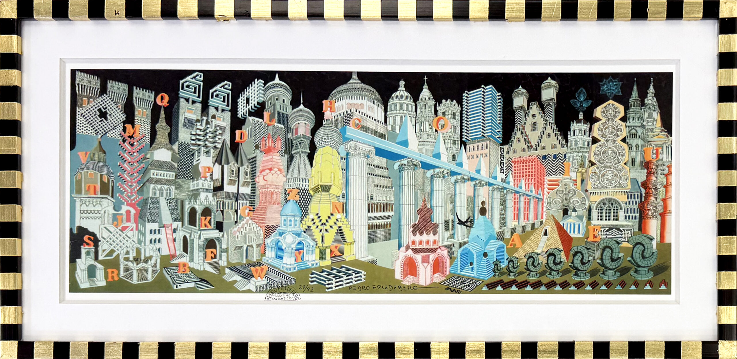 Arquitectura Alfabetizada (custom framed, hand signed serigraph) by Pedro Friedeberg
