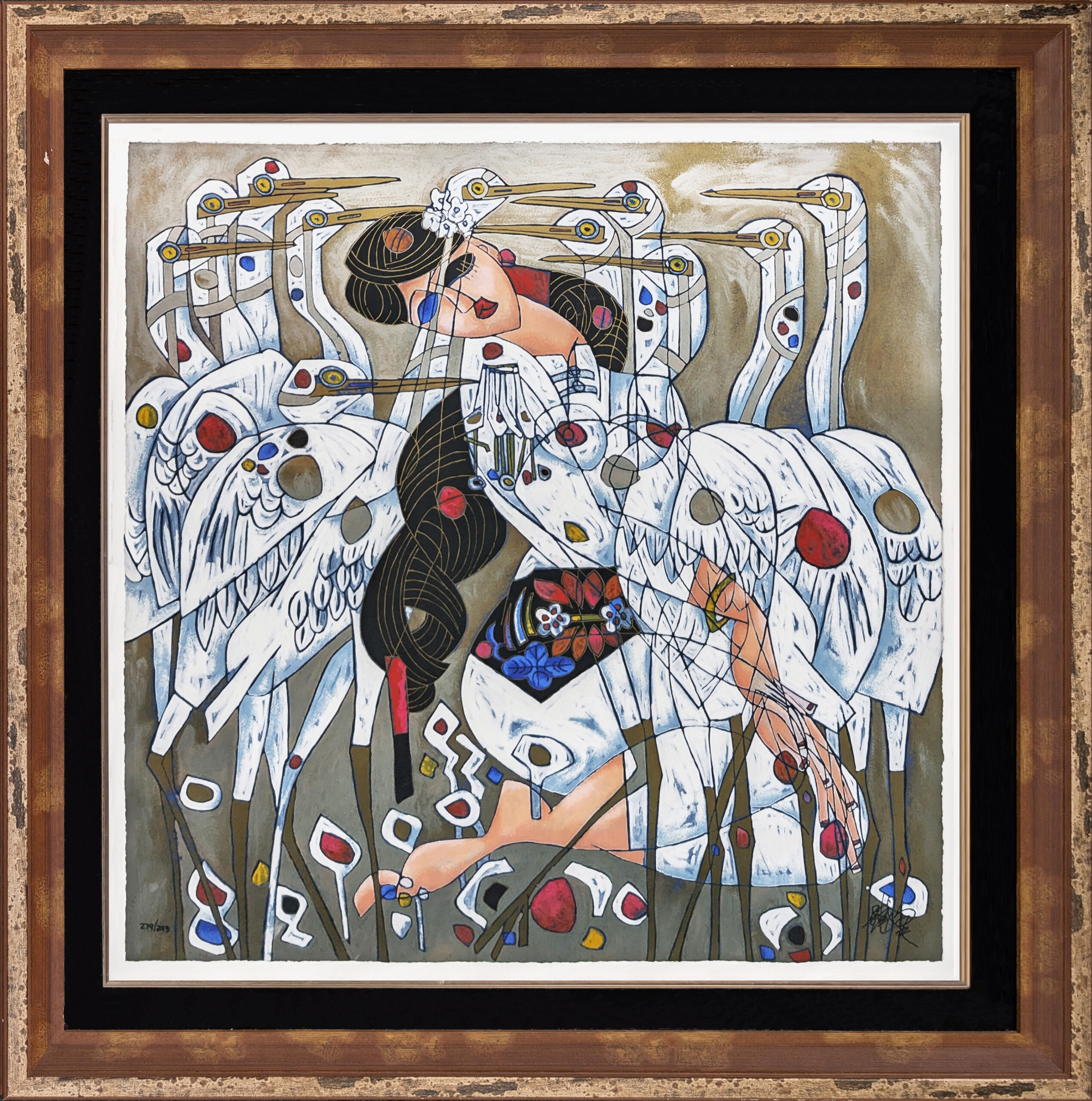 Morning with Cranes (custom framed large hand signed serigraph) by Tie Feng Jiang