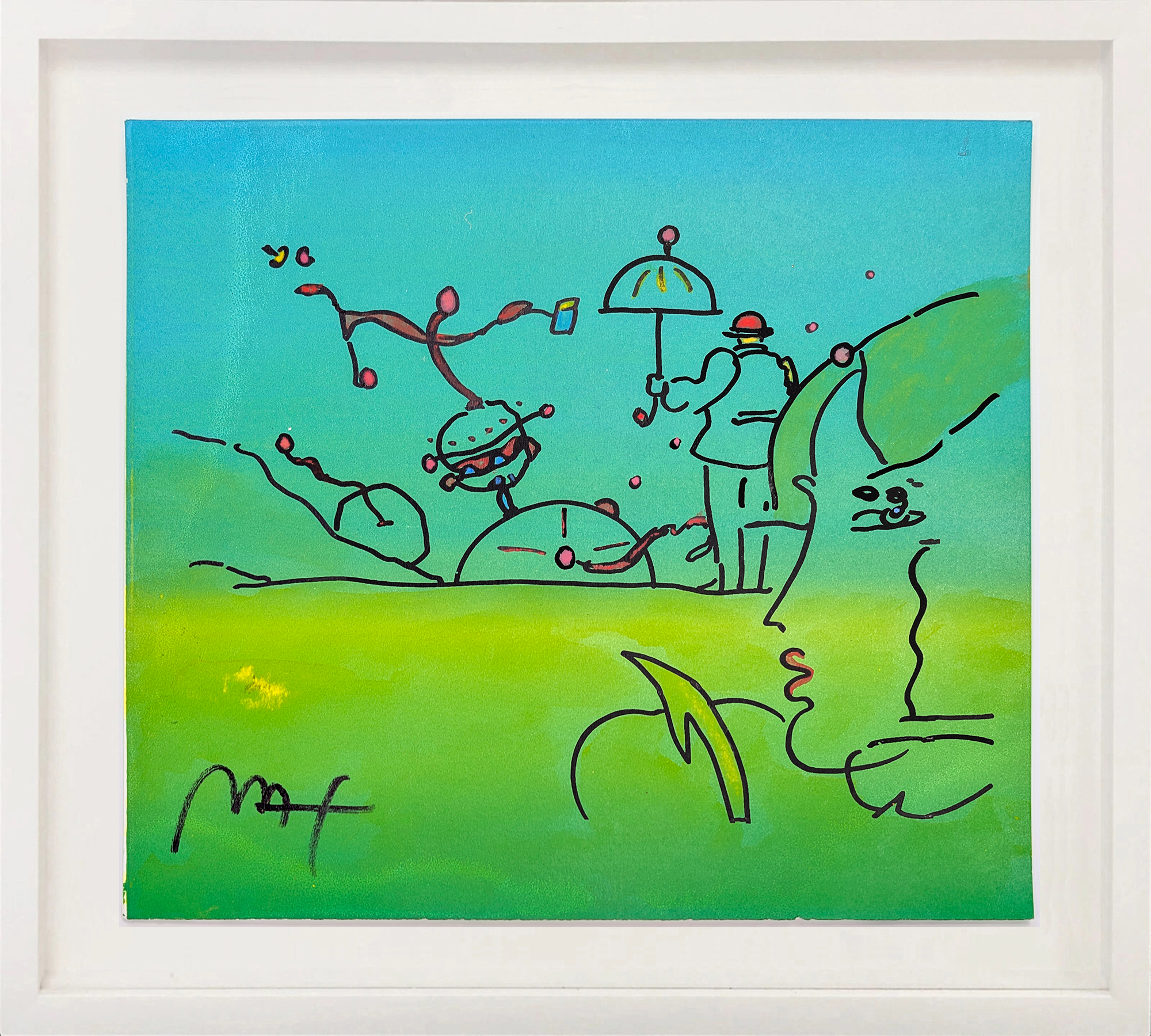 Umbrella Man with Profile (framed, original mixed media on paper) by Peter Max