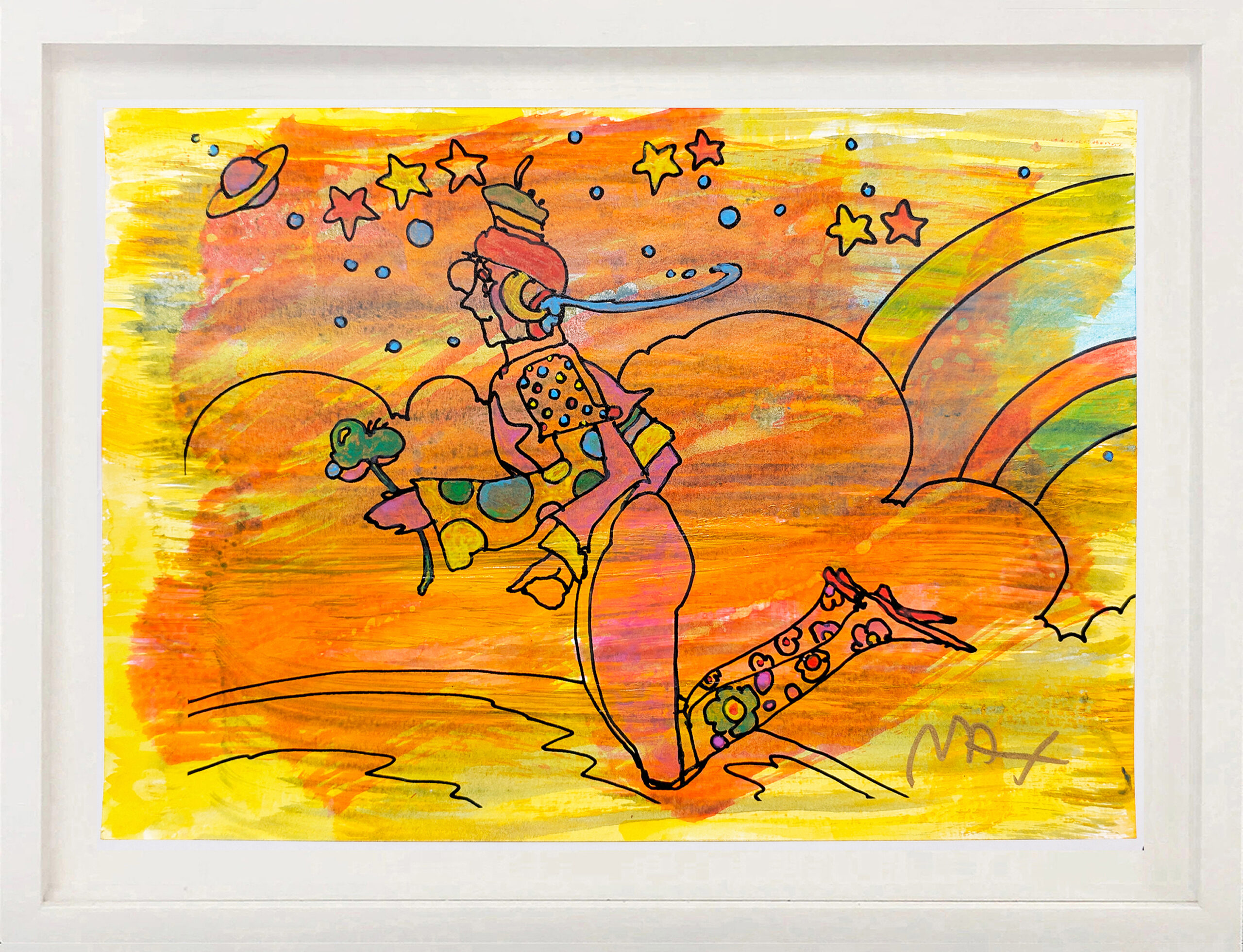 Cosmic Flyer (framed, original mixed media on paper) by Peter Max