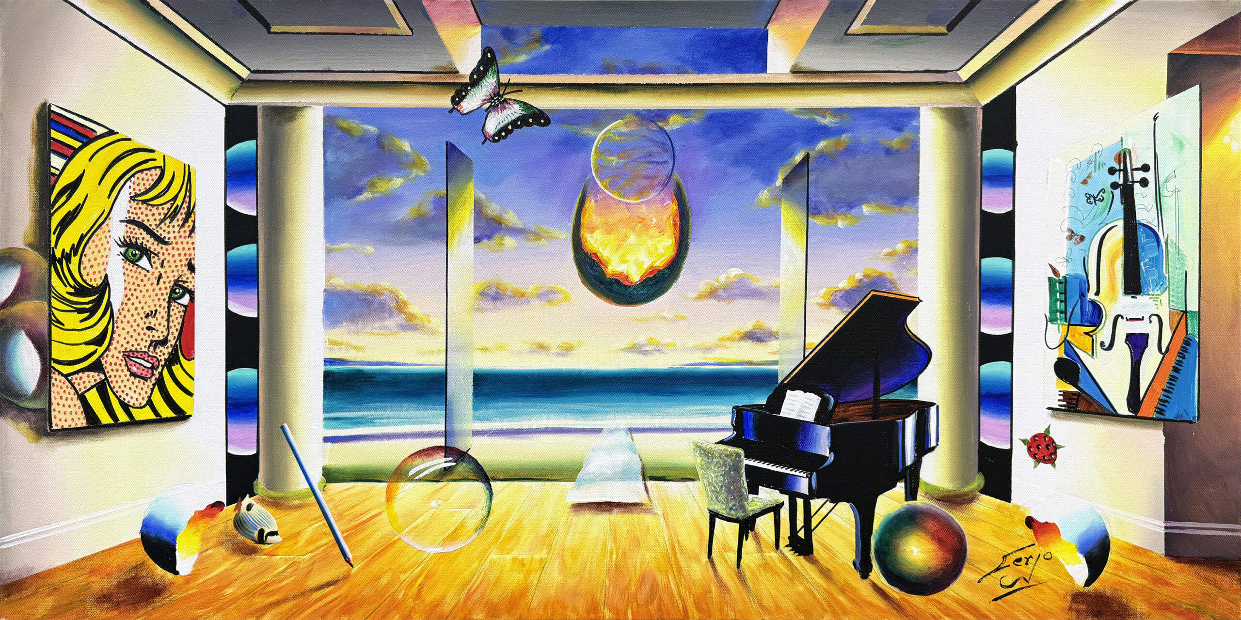 Majestic View, Large Original Painting on Canvas, Hand Signed, Surrealism by Ferjo