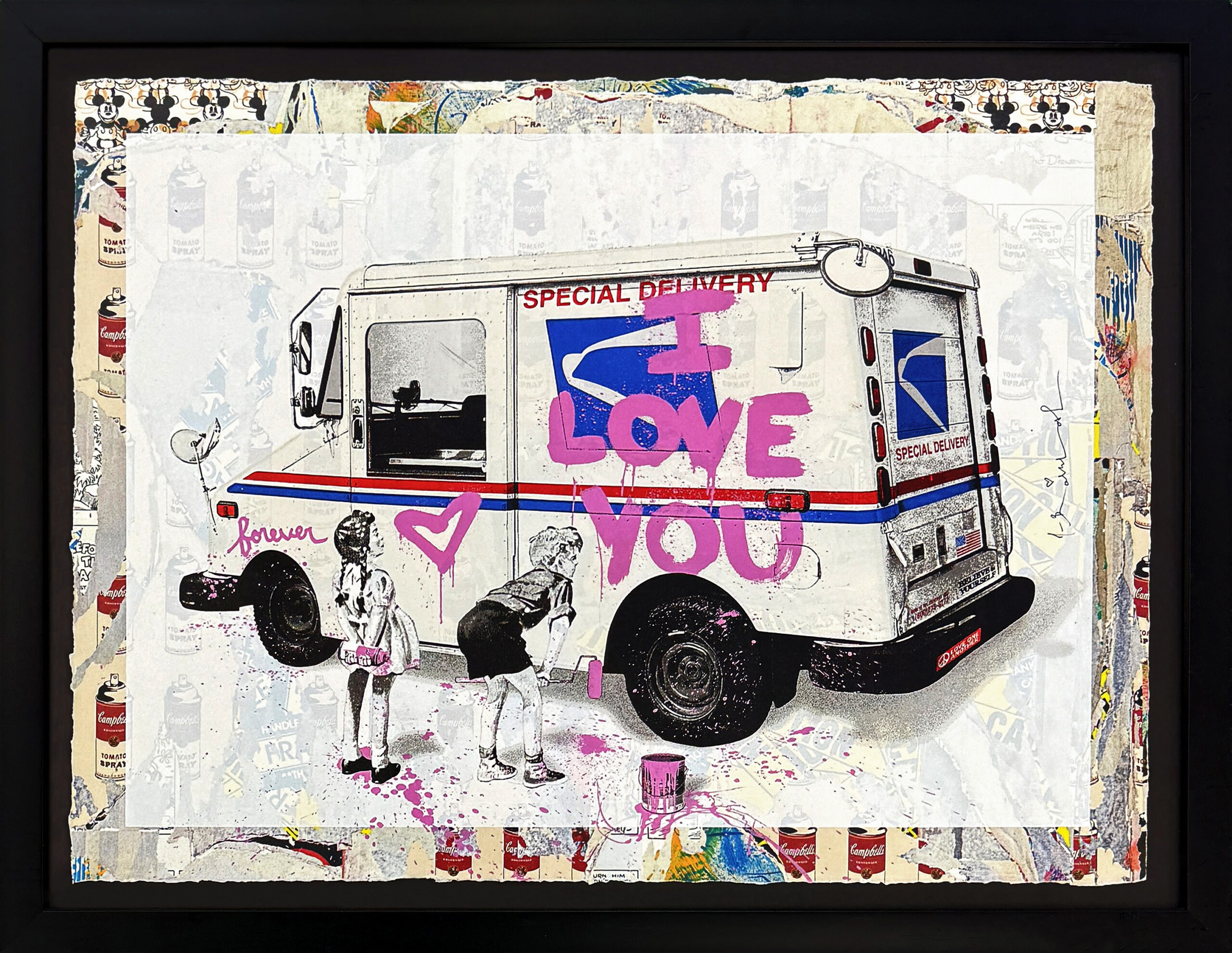 Special Delivery, Unique 1/1 Mixed Media Painting on Paper, Framed, COA by Mr. Brainwash