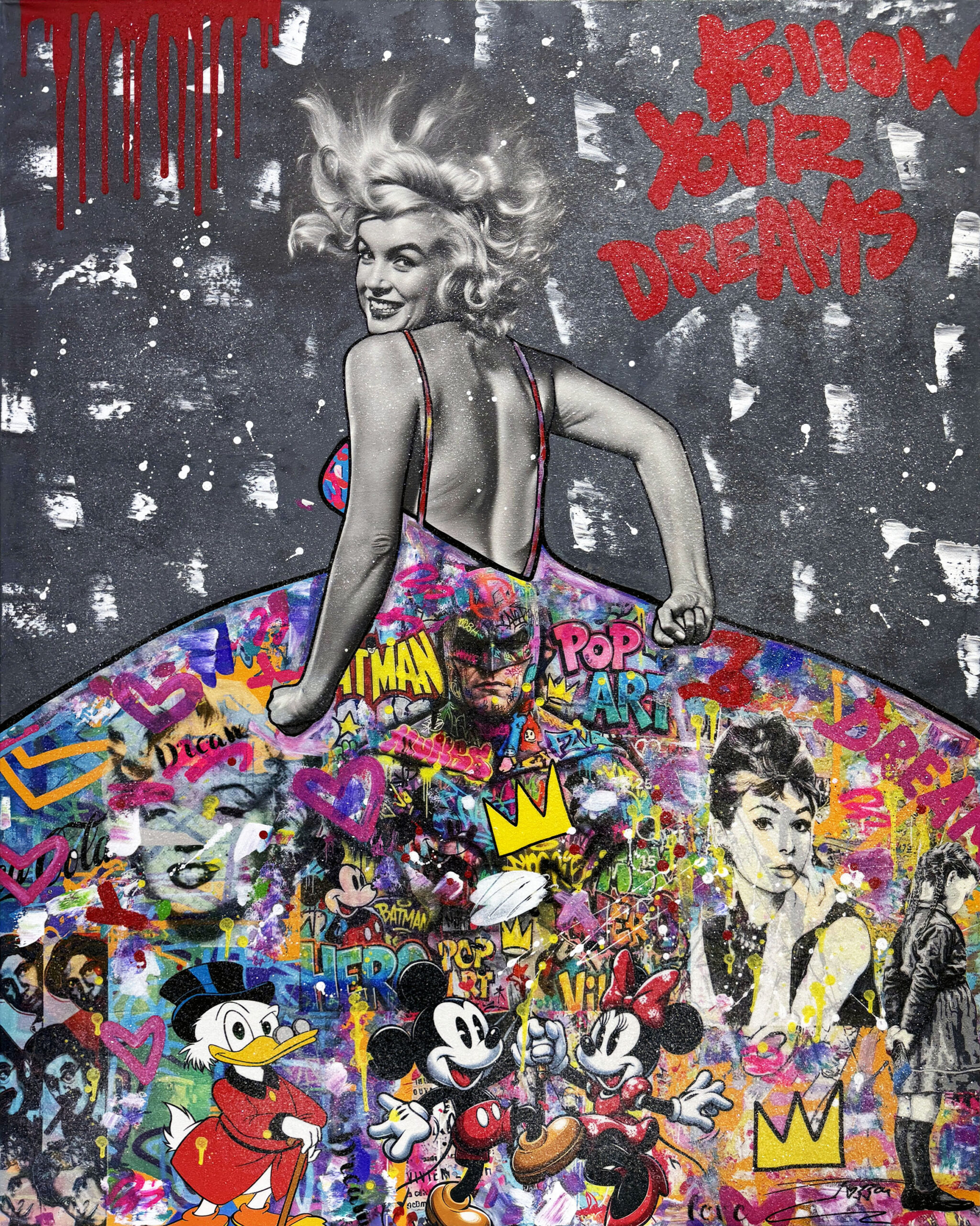 Party Dress!, Huge Original Painting with Diamond Dust, 60×48 inches, Marilyn by Jozza