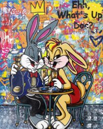 Wine For Two, Huge Original Painting with Diamond Dust, 60×48 inches, Bugs Bunny by Jozza at GallArt.com