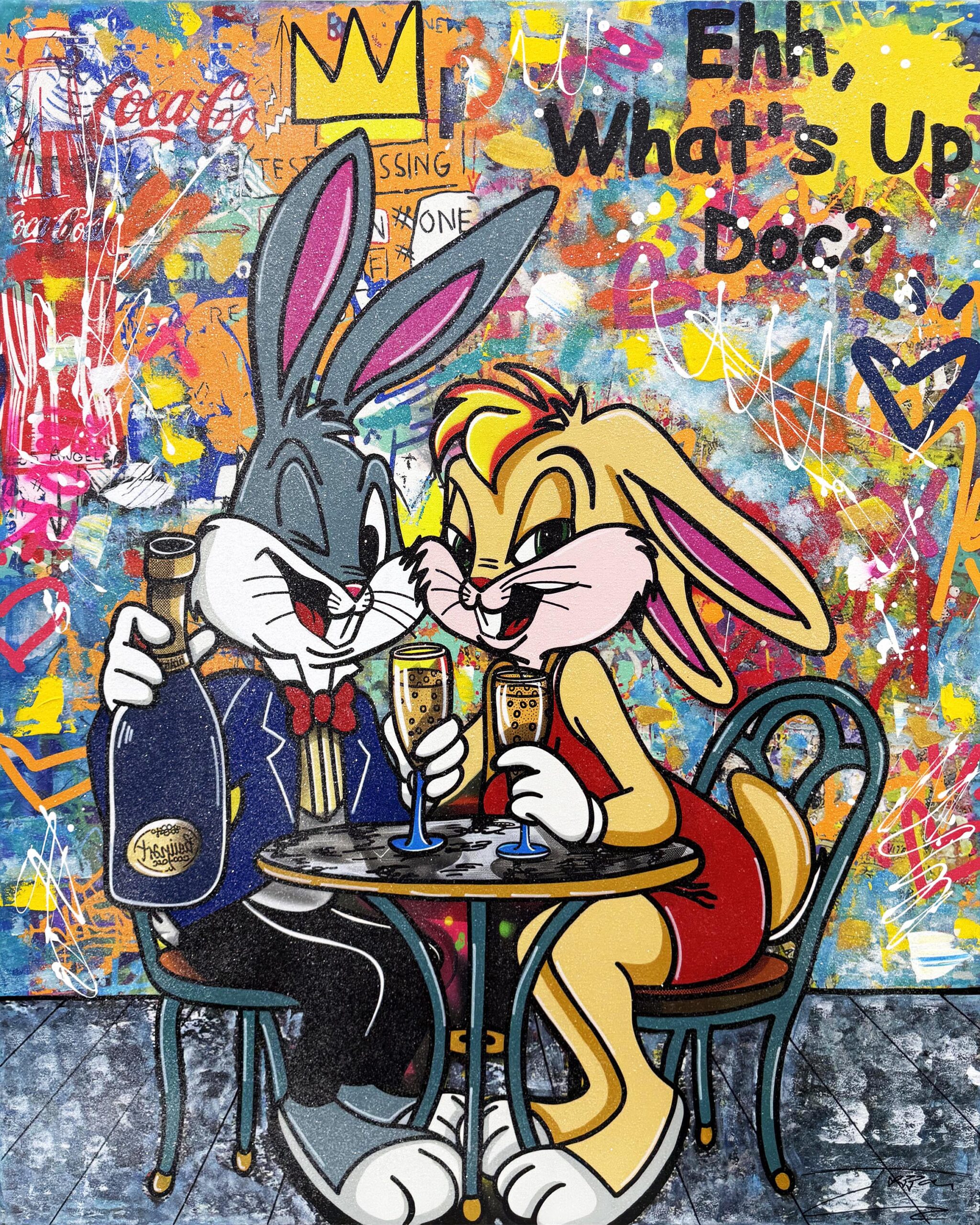 Wine For Two, Huge Original Painting with Diamond Dust, 60×48 inches, Bugs Bunny by Jozza
