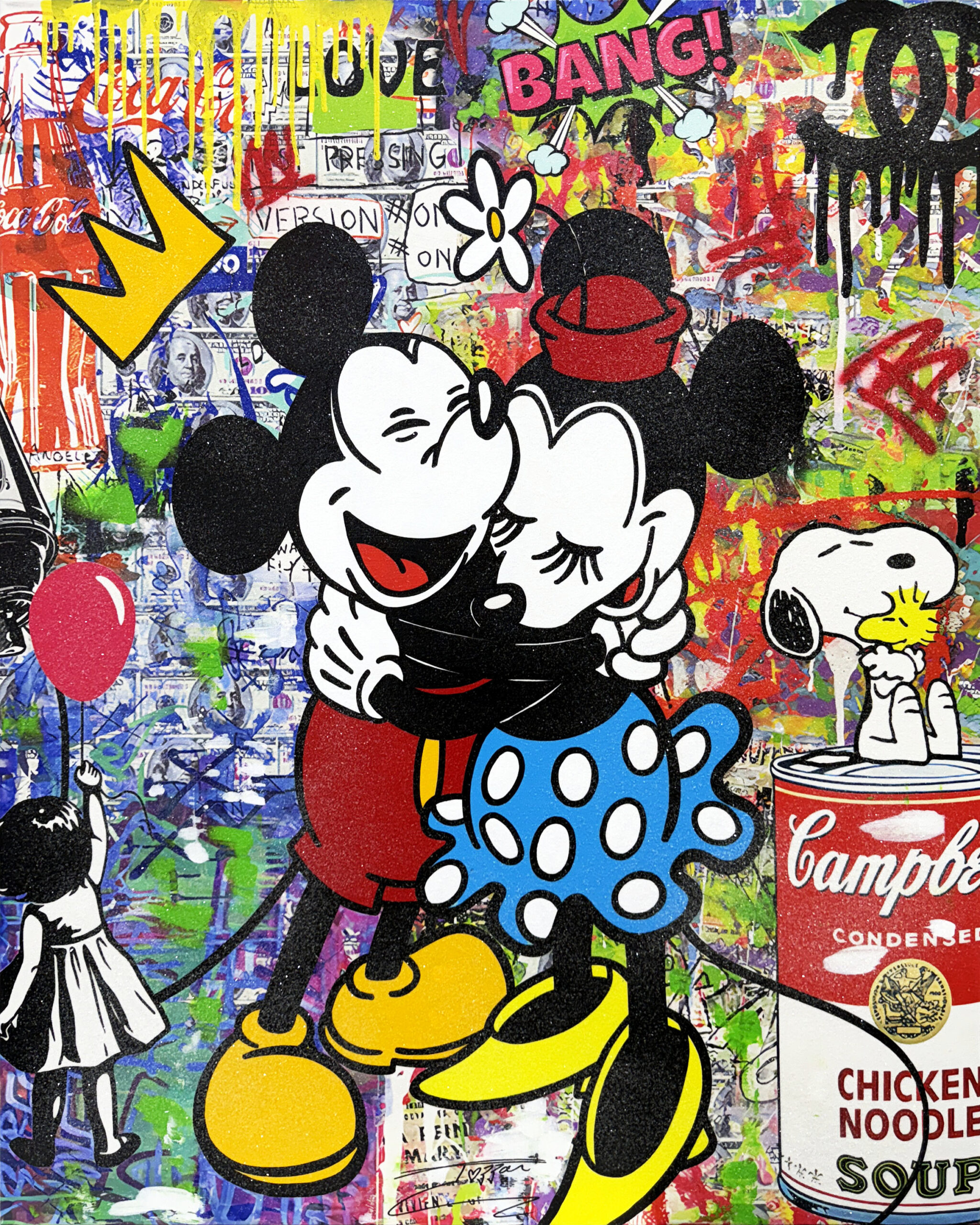 Big Hug!, Huge Original Painting with Diamond Dust, 60×48 inches, Mickey Minnie by Jozza