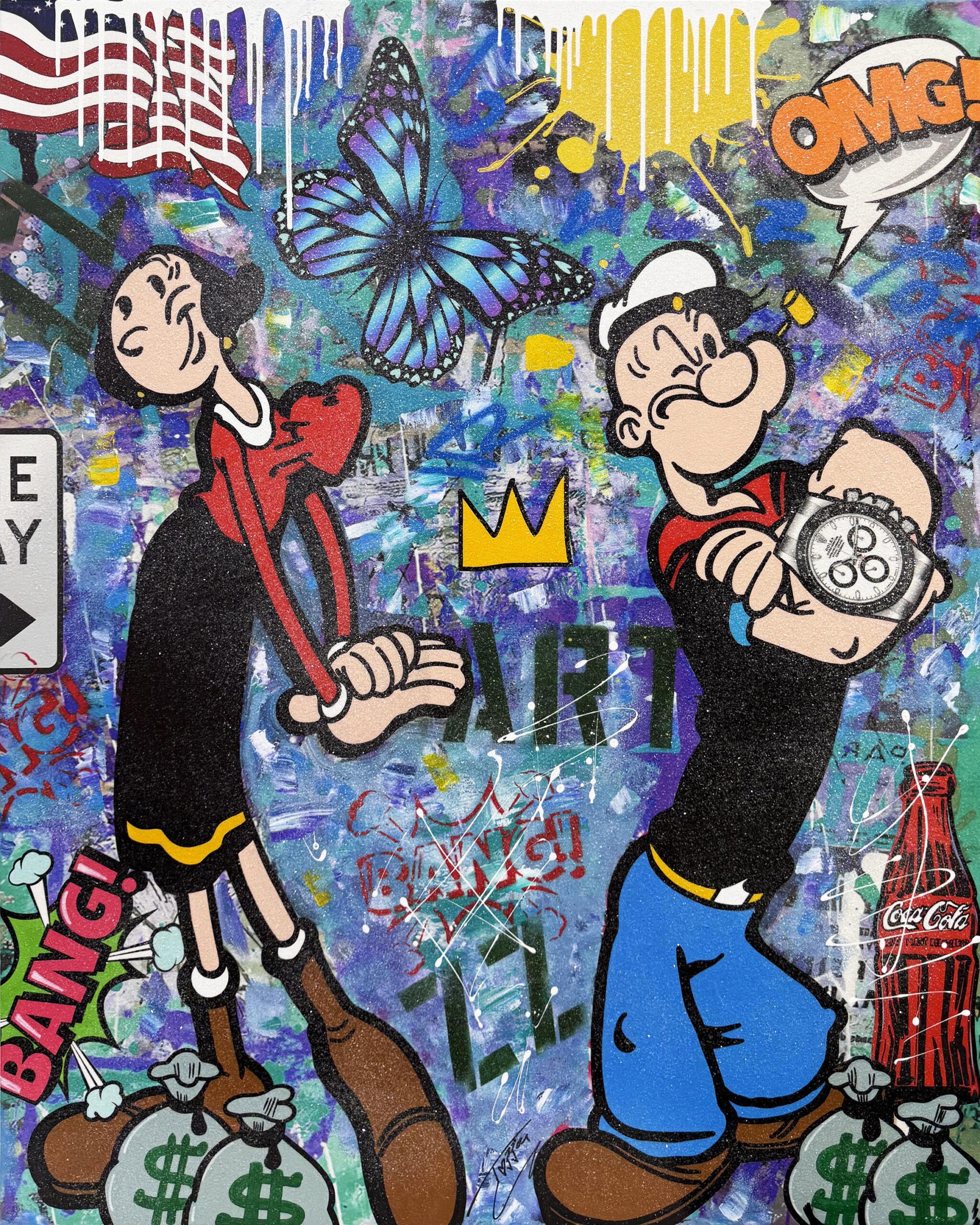 Blue Butterfly, Huge Original Painting with Diamond Dust, 60×48 inches, Popeye by Jozza
