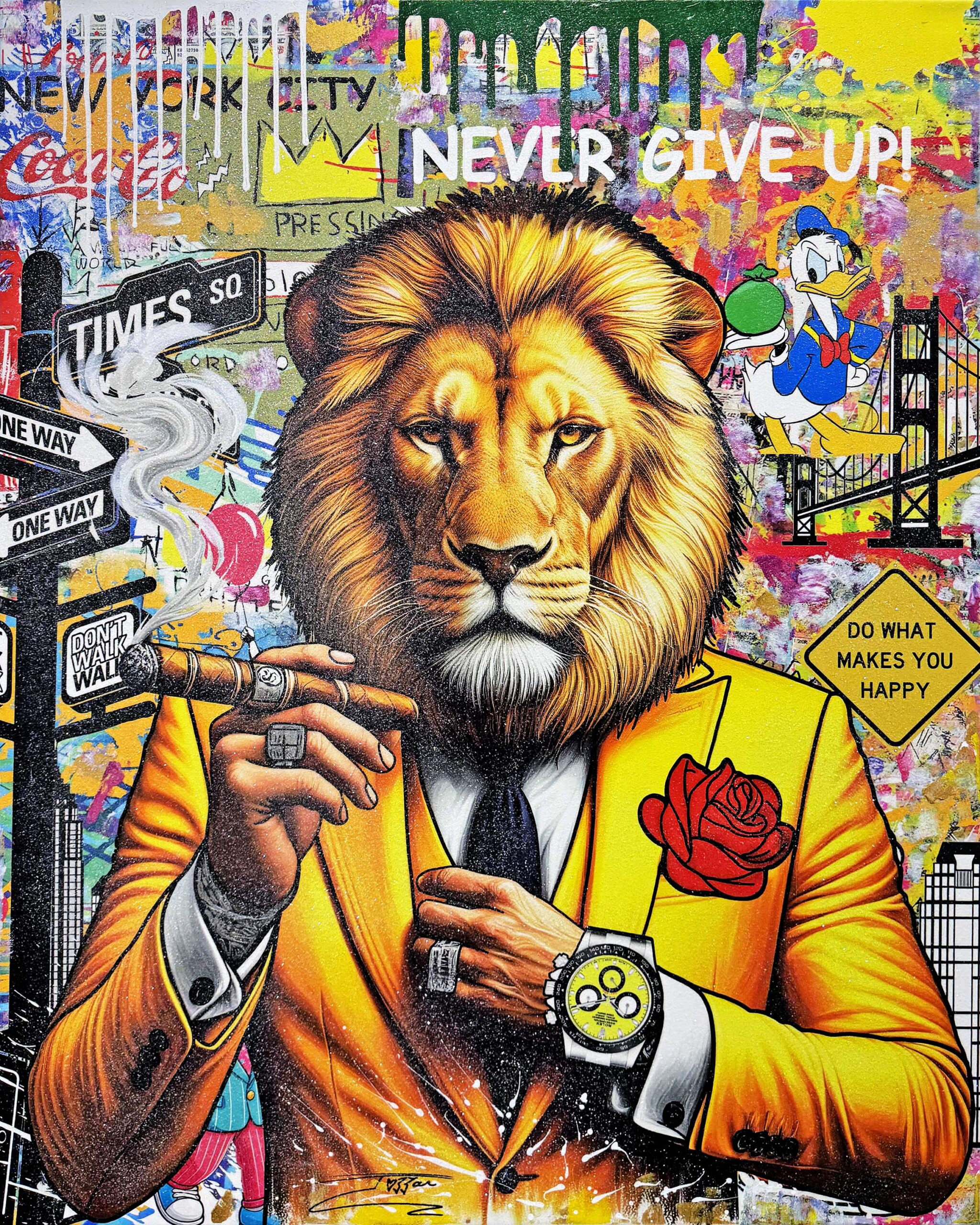 Yellow Rolex!, Huge Original Painting with Diamond Dust, 60×48 inches, Lion by Jozza