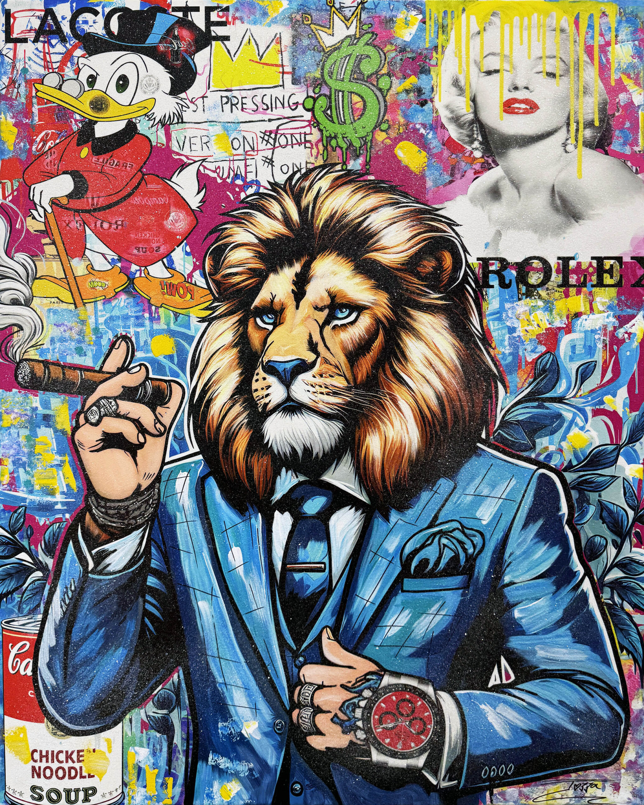 Red Rolex!, Huge Original Painting with Diamond Dust, 60×48 inches, Lion by Jozza