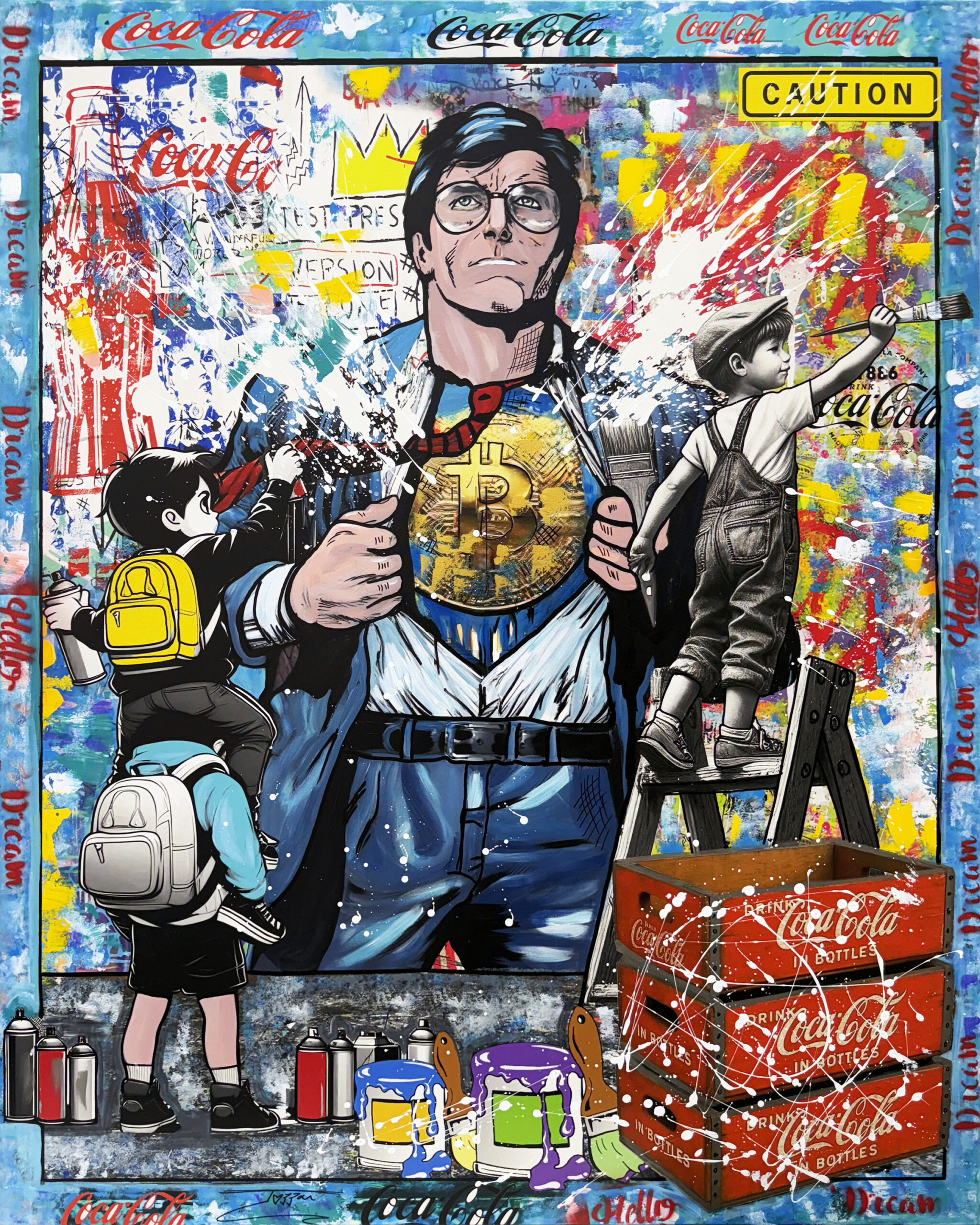 Super Coin! Huge Original Painting on Canvas, Signed, 60×48 in. Stretched by Jozza