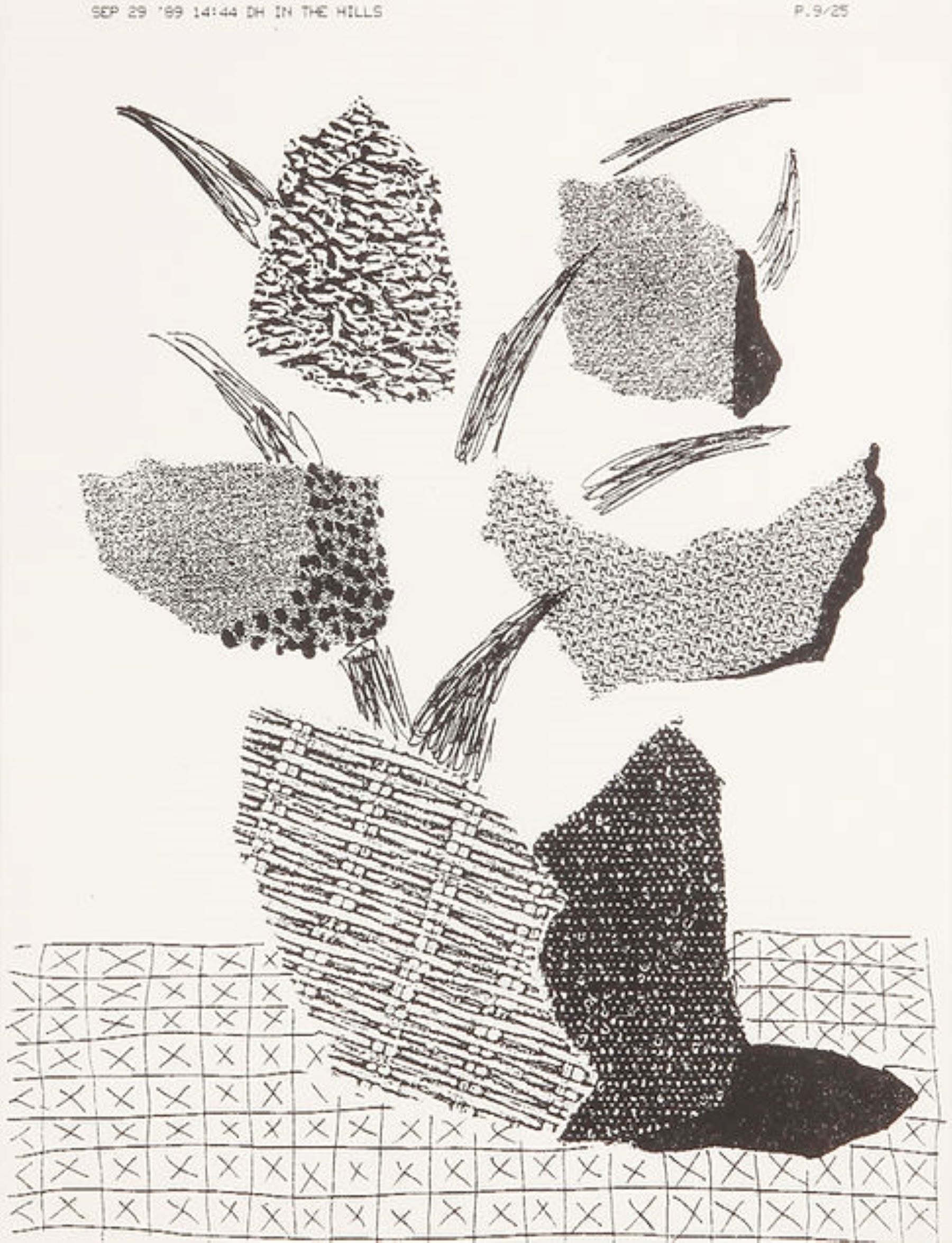 Flowers in Basket on Table Cloth by David Hockney