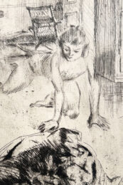 Minne Playing with a Dog in a Basket | Minne jouant avec un chien dans un panier by Jacques Villon at Gilden's Art Gallery