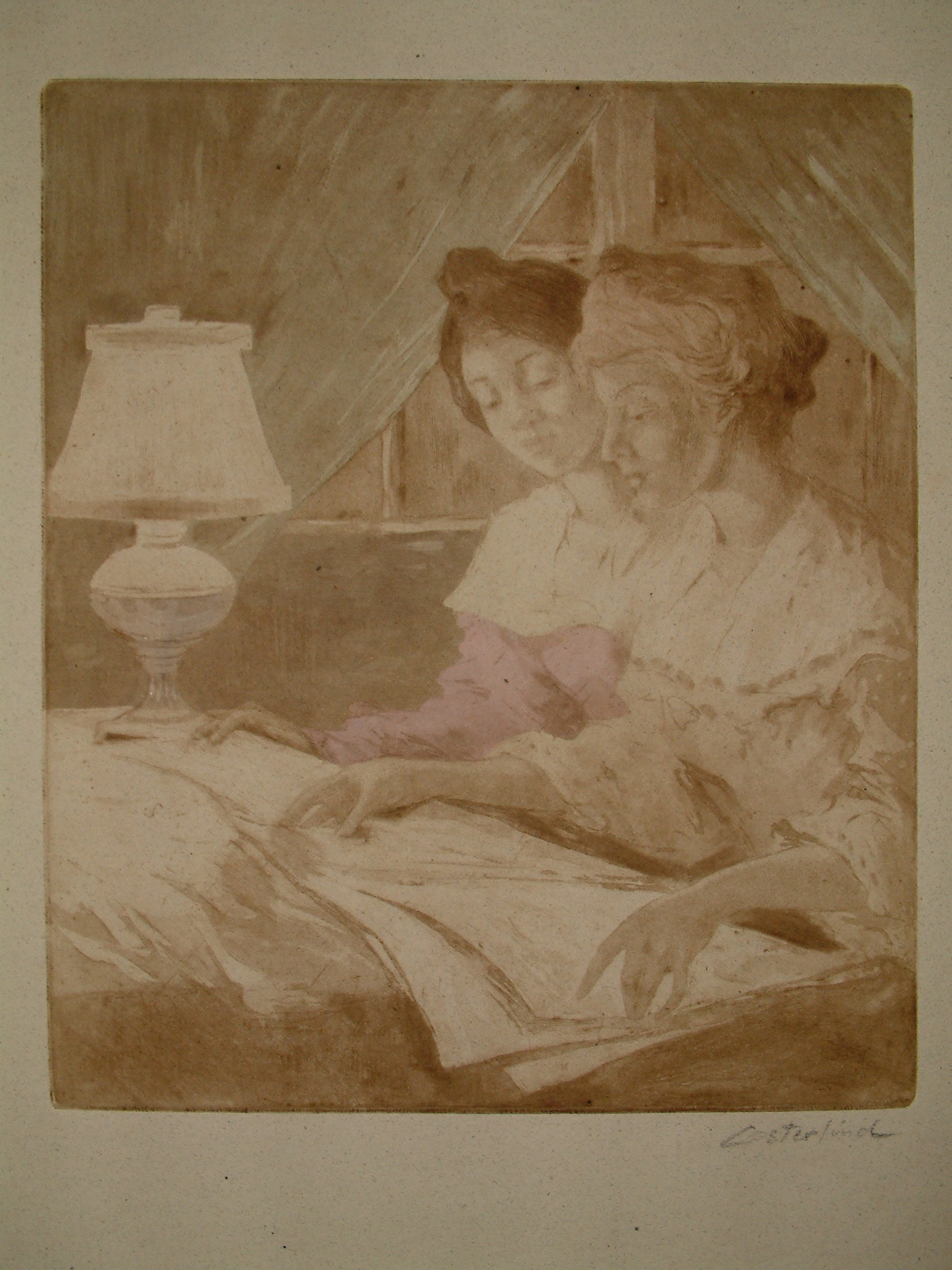 Two Women Reading by a Lamp by Allan Osterlind