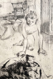 Minne Playing with a Dog in a Basket | Minne jouant avec un chien dans un panier by Jacques Villon at Gilden's Art Gallery