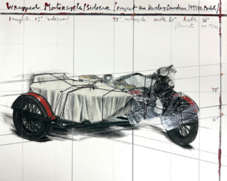 Wrapped motorcycle/sidecar (Project for Harley-Davidson 1933 VL Model) by Christo and Jeanne-Claude at Turner Carroll Gallery