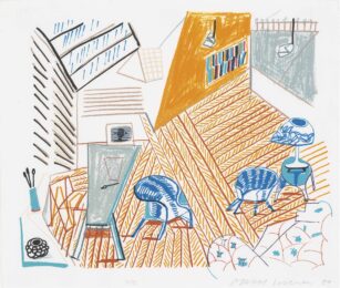 Pembroke Studio with Blue Chairs and Lamp from The Moving Focus series by David Hockney at Hamilton-Selway Fine Art