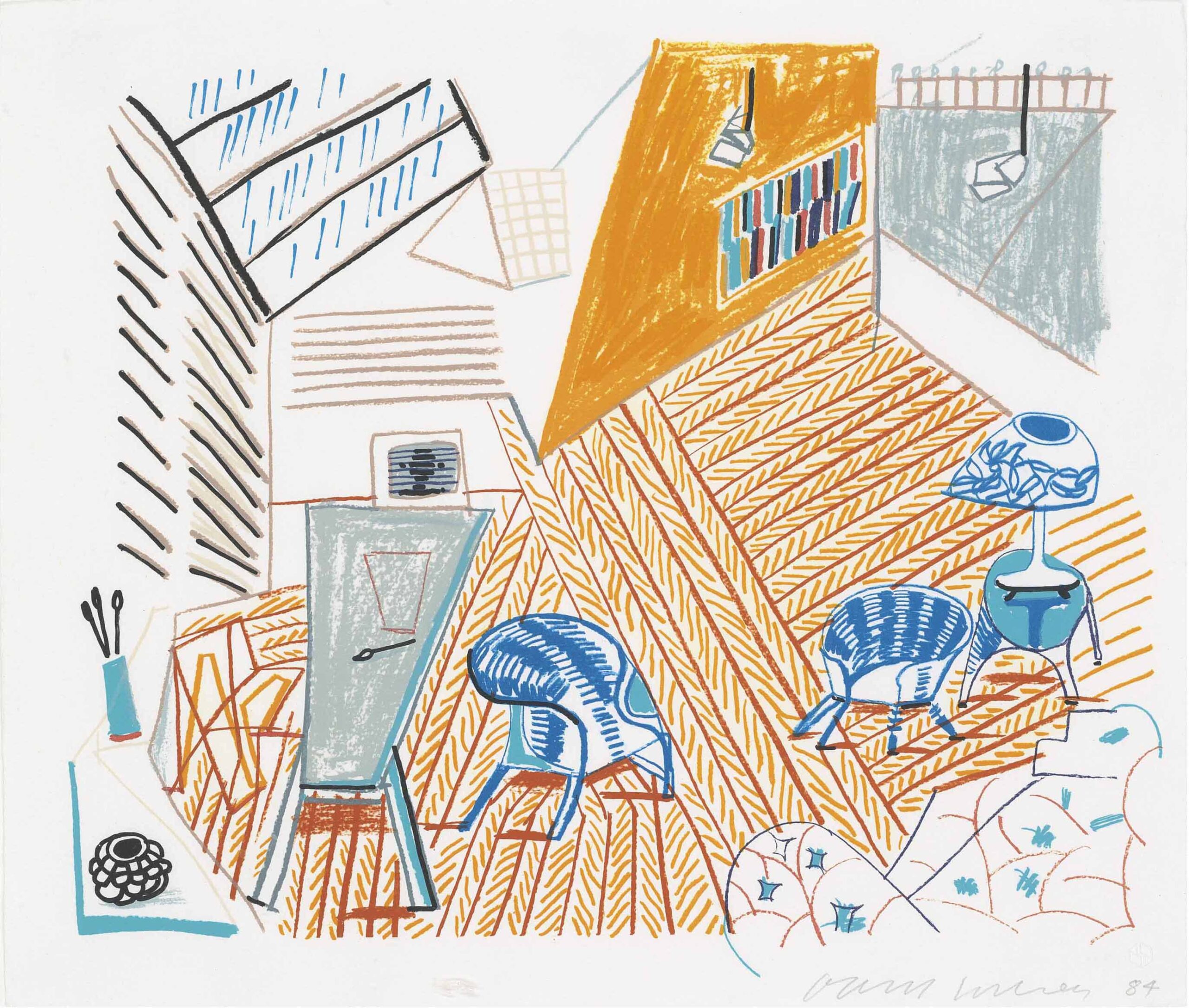 Pembroke Studio with Blue Chairs and Lamp from The Moving Focus series by David Hockney