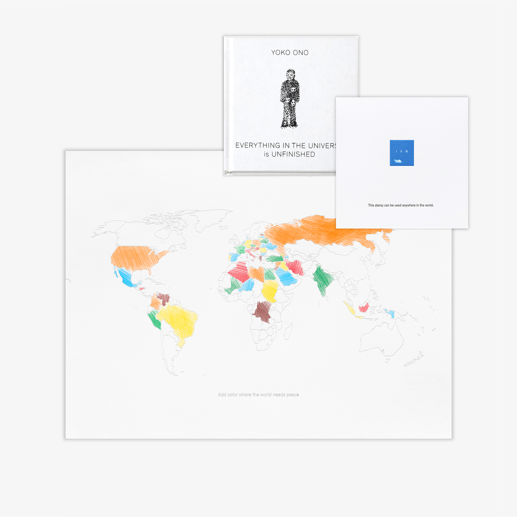 Add Color Where the World Needs Peace, i ii iii Stamp⁠ & Everything in the Universe is Unfinishe... by Yoko Ono
